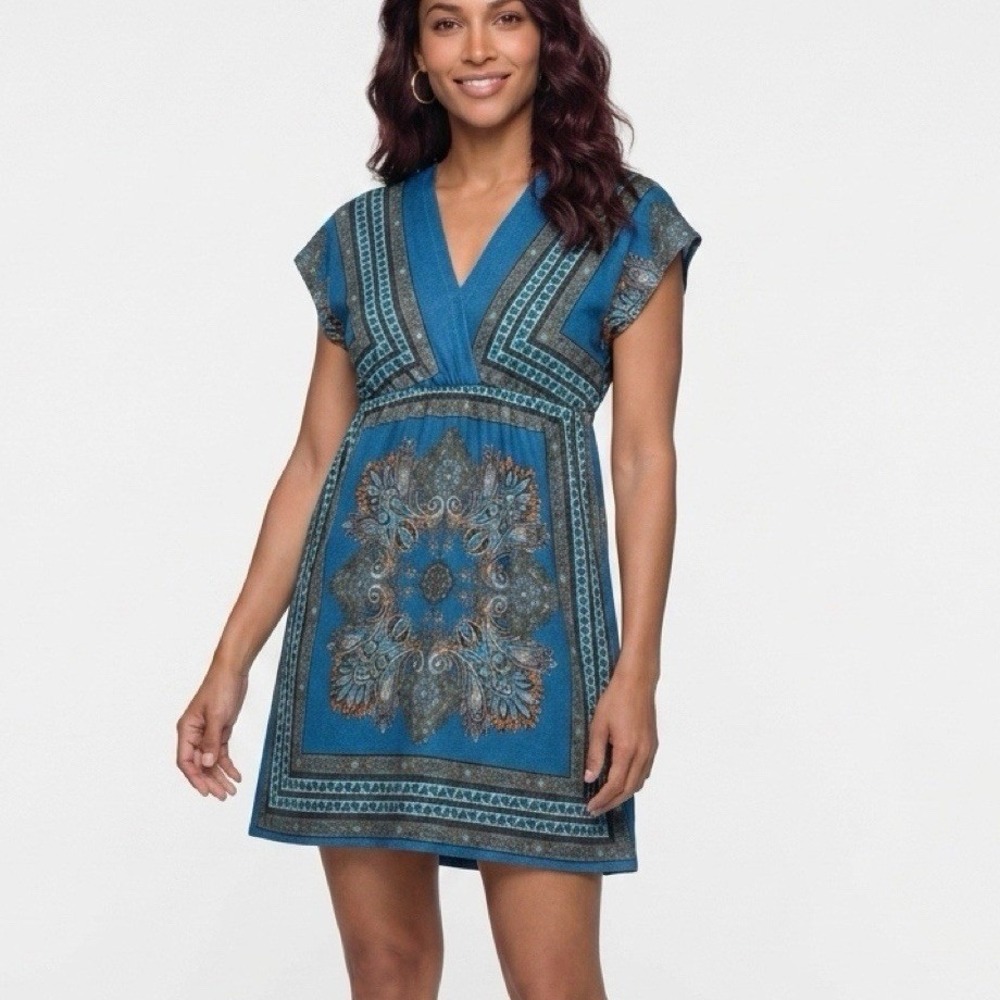 Pink‎ Rose Blue Paisley Medallion V-Neck Empire Waist Boho Knit Dress Large